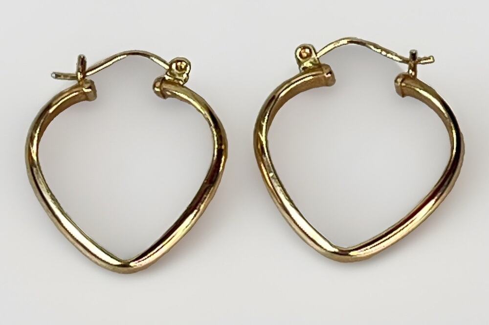 Women’s 14KT YELLOW SOLID GOLD Heart Shaped Hoop Earrings 1" Signed 1.2g